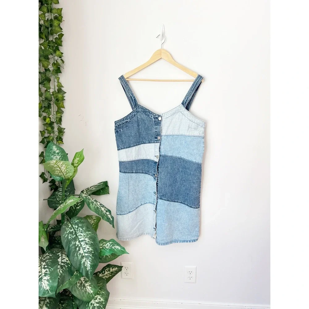 GAP Patchwork Denim Mini Dress Blue Button Front Sleeveless Pinafore L - Picture 4 of 7